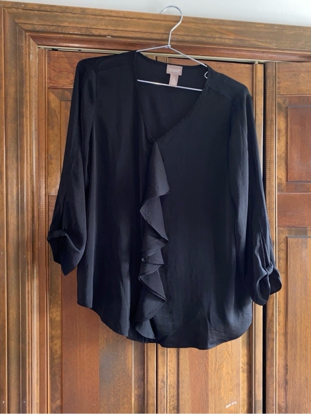 Chico’s Black Ruffle Front Blouse, Size 2 (Size Large)